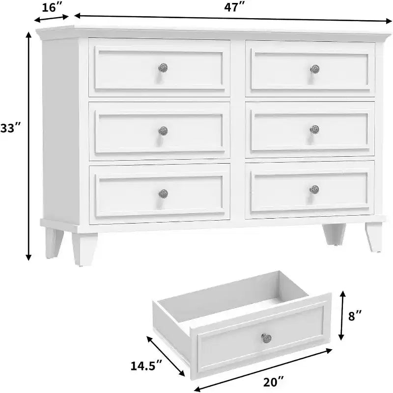 Commode à 6 tiroirs, Meuble de rangement en bois avec poignées métalliques, Commode large moderne et Meuble TV, pour Chambre à coucher, Salon, Entrée