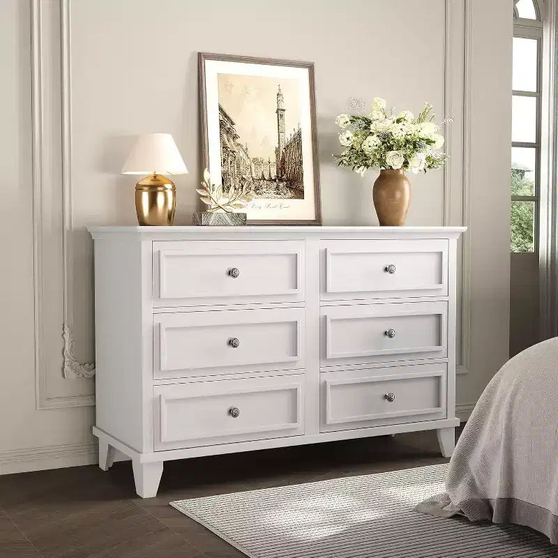Commode à 6 tiroirs, Meuble de rangement en bois avec poignées métalliques, Commode large moderne et Meuble TV, pour Chambre à coucher, Salon, Entrée