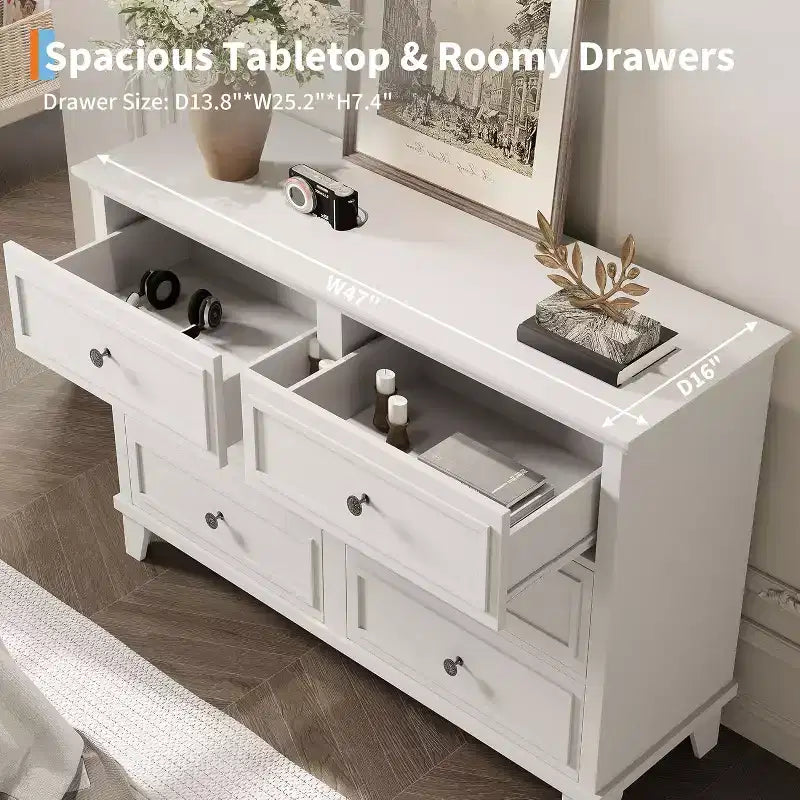 Commode à 6 tiroirs, Meuble de rangement en bois avec poignées métalliques, Commode large moderne et Meuble TV, pour Chambre à coucher, Salon, Entrée