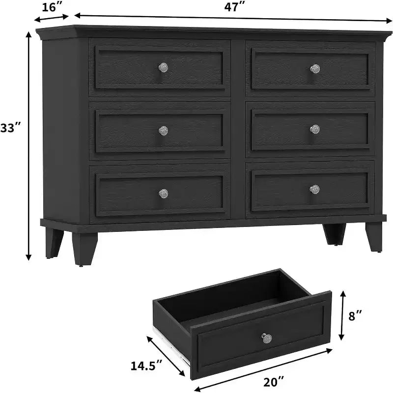Commode à 6 tiroirs, Meuble de rangement en bois avec poignées métalliques, Commode large moderne et Meuble TV, pour Chambre à coucher, Salon, Entrée