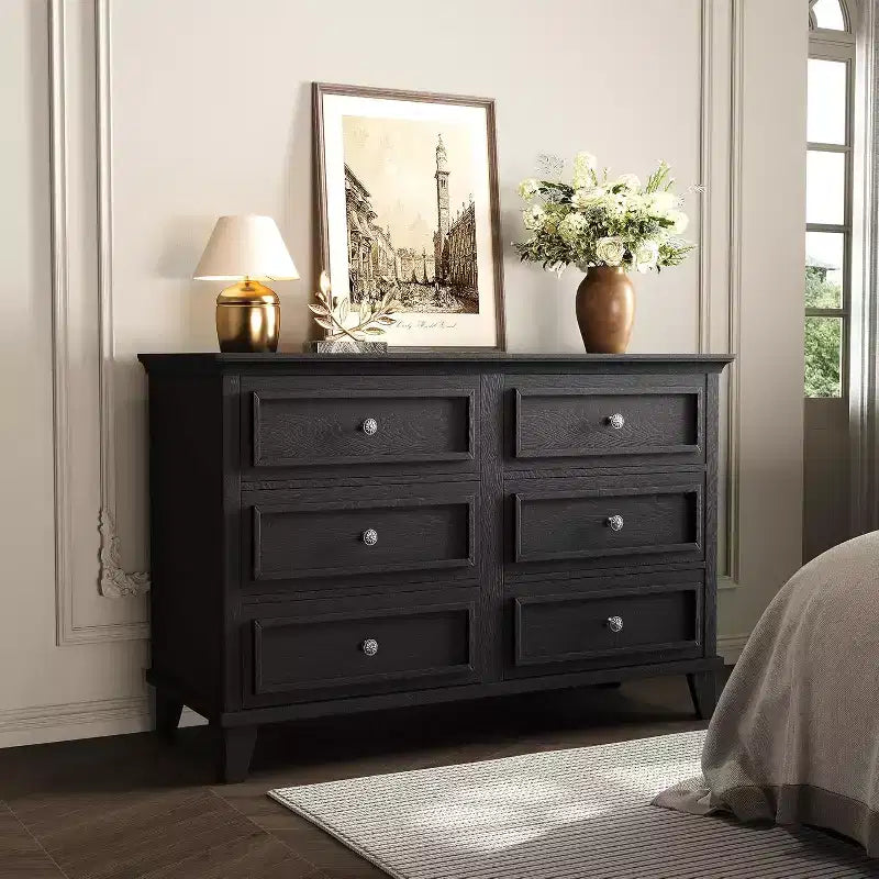 Commode à 6 tiroirs, Meuble de rangement en bois avec poignées métalliques, Commode large moderne et Meuble TV, pour Chambre à coucher, Salon, Entrée