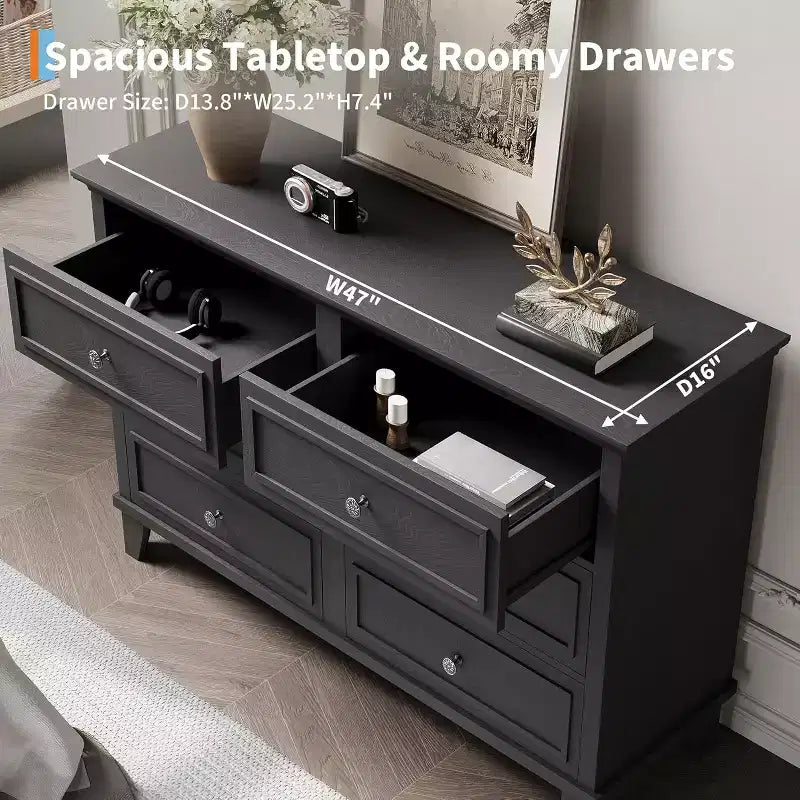 Commode à 6 tiroirs, Meuble de rangement en bois avec poignées métalliques, Commode large moderne et Meuble TV, pour Chambre à coucher, Salon, Entrée