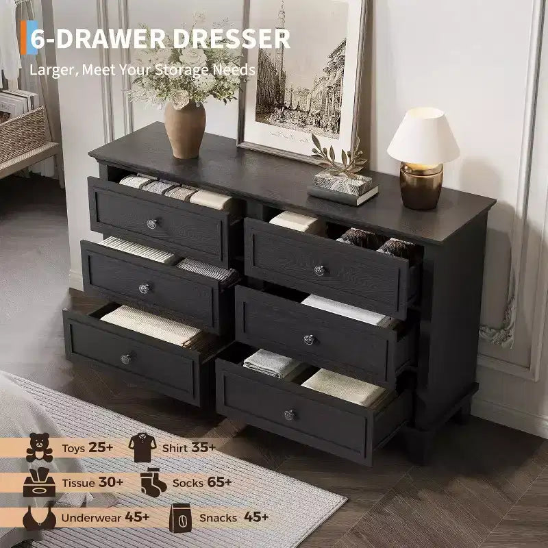 Commode à 6 tiroirs, Meuble de rangement en bois avec poignées métalliques, Commode large moderne et Meuble TV, pour Chambre à coucher, Salon, Entrée