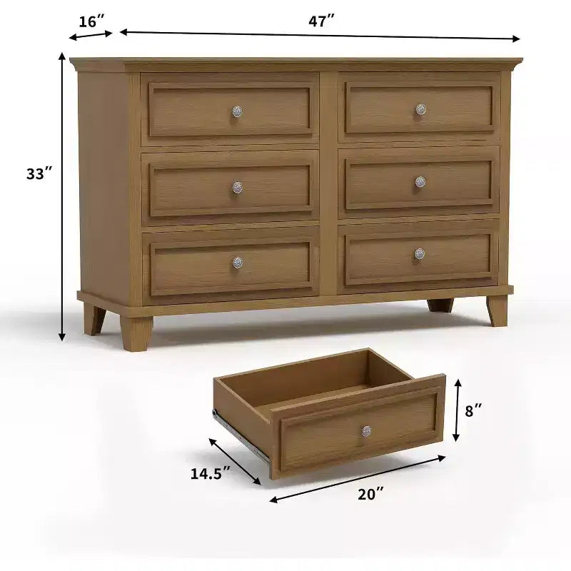 Commode à 6 tiroirs, Meuble de rangement en bois avec poignées métalliques, Commode large moderne et Meuble TV, pour Chambre à coucher, Salon, Entrée