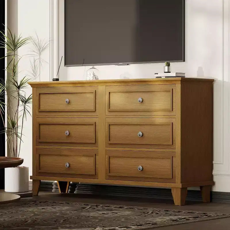 Commode à 6 tiroirs, Meuble de rangement en bois avec poignées métalliques, Commode large moderne et Meuble TV, pour Chambre à coucher, Salon, Entrée