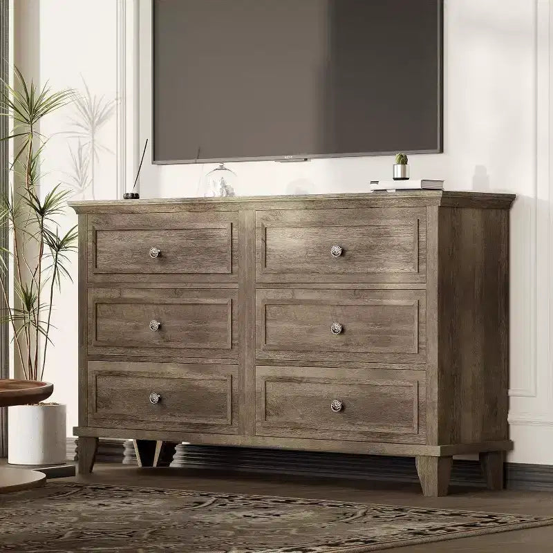 Commode à 6 tiroirs, Meuble de rangement en bois avec poignées métalliques, Commode large moderne et Meuble TV, pour Chambre à coucher, Salon, Entrée