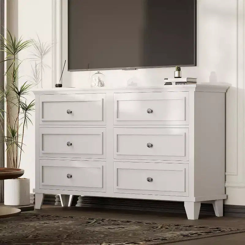 Commode à 6 tiroirs, Meuble de rangement en bois avec poignées métalliques, Commode large moderne et Meuble TV, pour Chambre à coucher, Salon, Entrée
