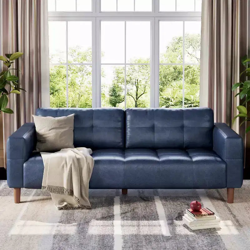 Canapé 3 places en similicuir de 83 po avec coussin de dossier – style moderne du milieu du siècle