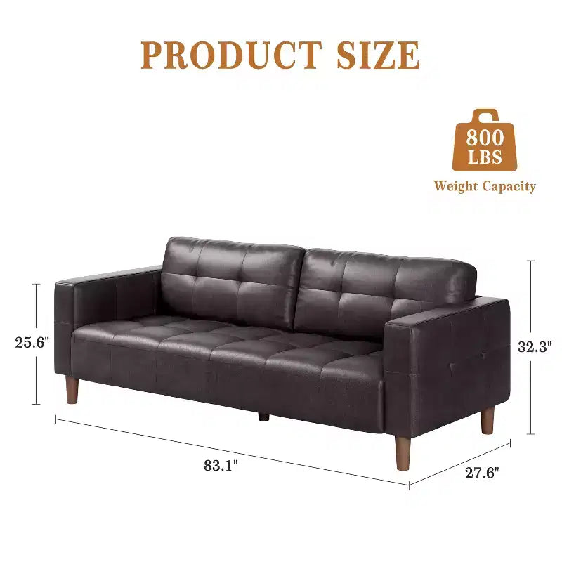 Canapé 3 places en similicuir de 83 po avec coussin de dossier – style moderne du milieu du siècle