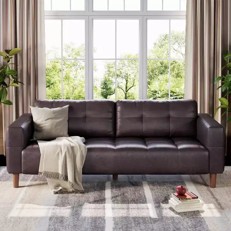Canapé 3 places en similicuir de 83 po avec coussin de dossier – style moderne du milieu du siècle