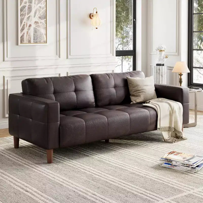 Canapé 3 places en similicuir de 83 po avec coussin de dossier – style moderne du milieu du siècle