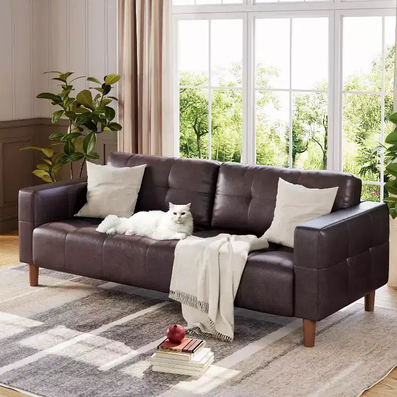 Canapé 3 places en similicuir de 83 po avec coussin de dossier – style moderne du milieu du siècle