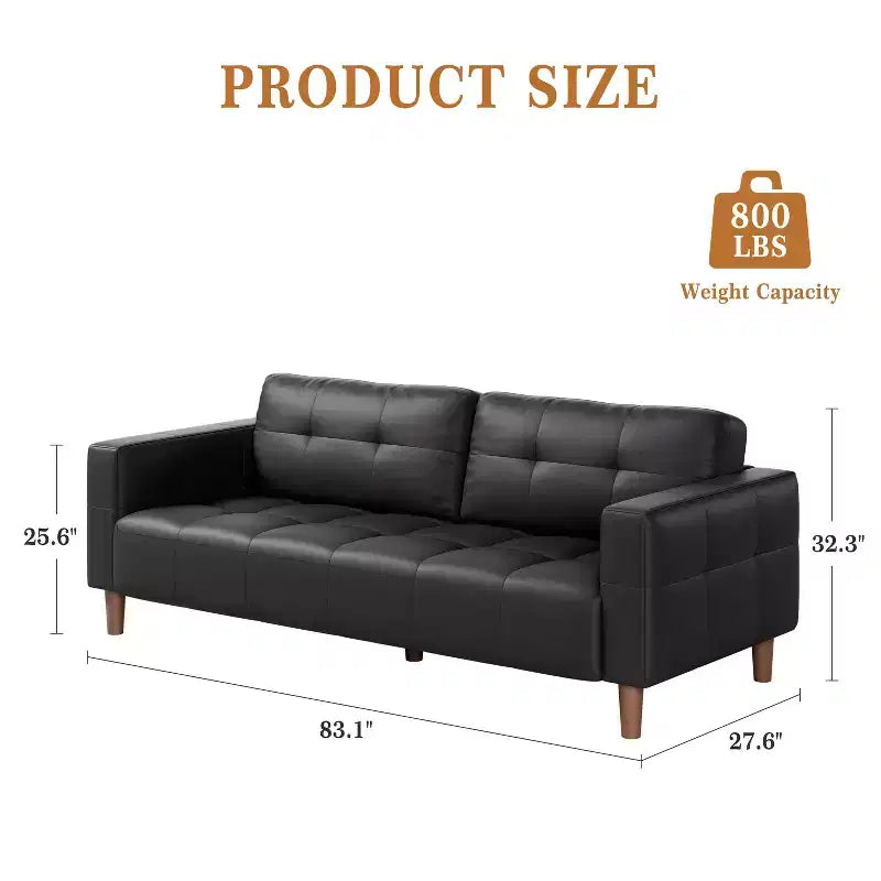 Canapé 3 places en similicuir de 83 po avec coussin de dossier – style moderne du milieu du siècle