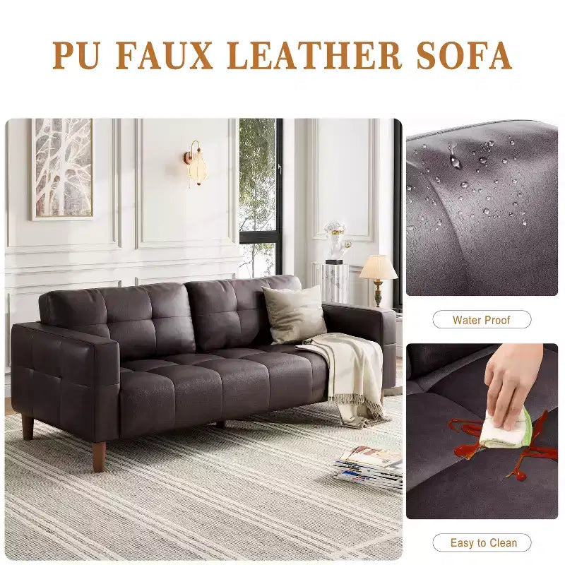 Canapé 3 places en similicuir de 83 po avec coussin de dossier – style moderne du milieu du siècle