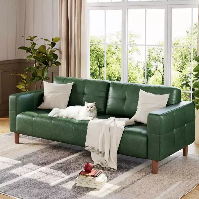 Canapé 3 places en similicuir de 83 po avec coussin de dossier – style moderne du milieu du siècle