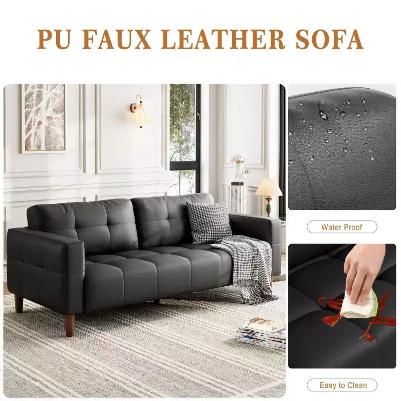 Canapé 3 places en similicuir de 83 po avec coussin de dossier – style moderne du milieu du siècle