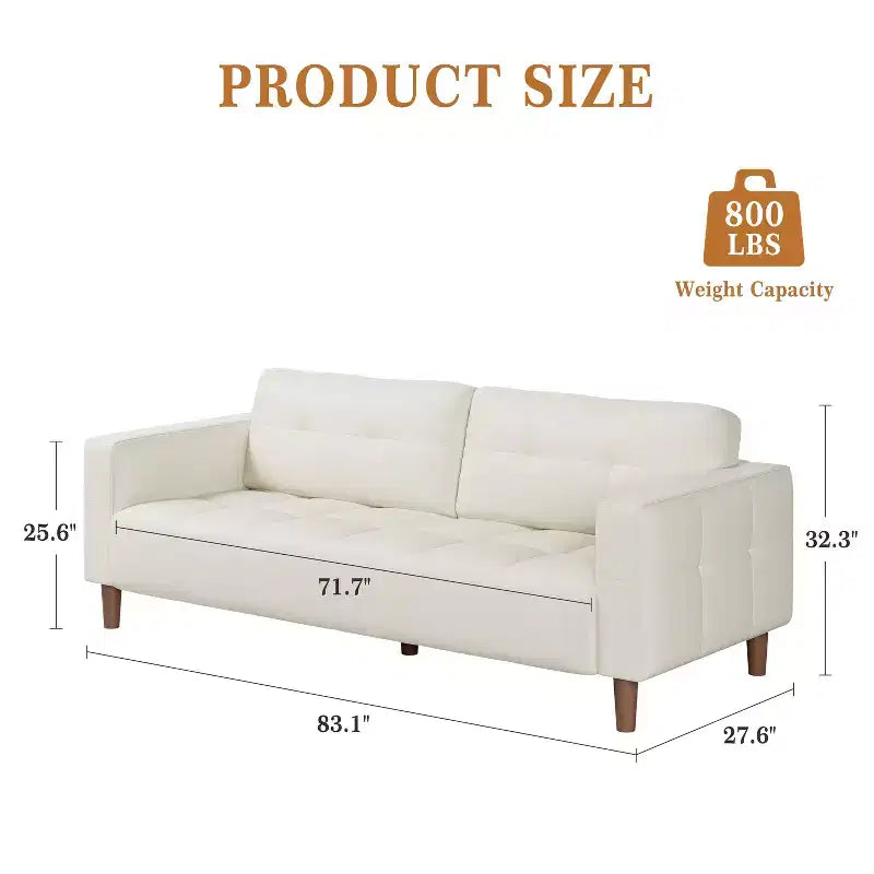 Canapé 3 places en similicuir de 83 po avec coussin de dossier – style moderne du milieu du siècle
