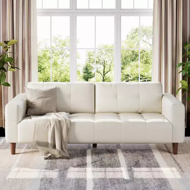 Canapé 3 places en similicuir de 83 po avec coussin de dossier – style moderne du milieu du siècle