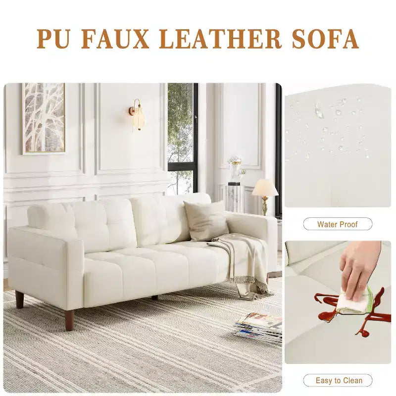 Canapé 3 places en similicuir de 83 po avec coussin de dossier – style moderne du milieu du siècle