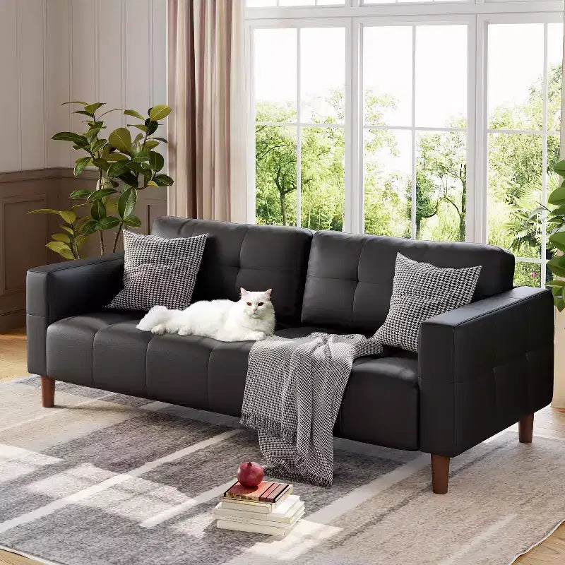 Canapé 3 places en similicuir de 83 po avec coussin de dossier – style moderne du milieu du siècle