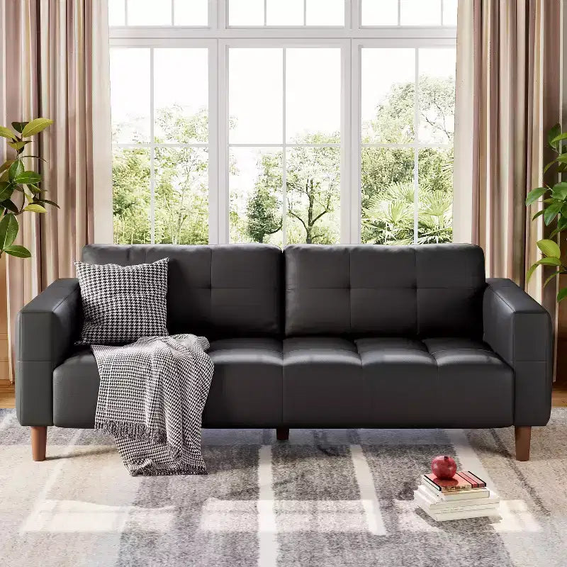 Canapé 3 places en similicuir de 83 po avec coussin de dossier – style moderne du milieu du siècle