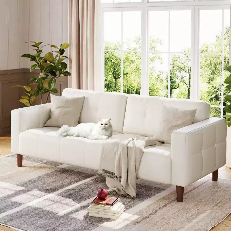 Canapé 3 places en similicuir de 83 po avec coussin de dossier – style moderne du milieu du siècle