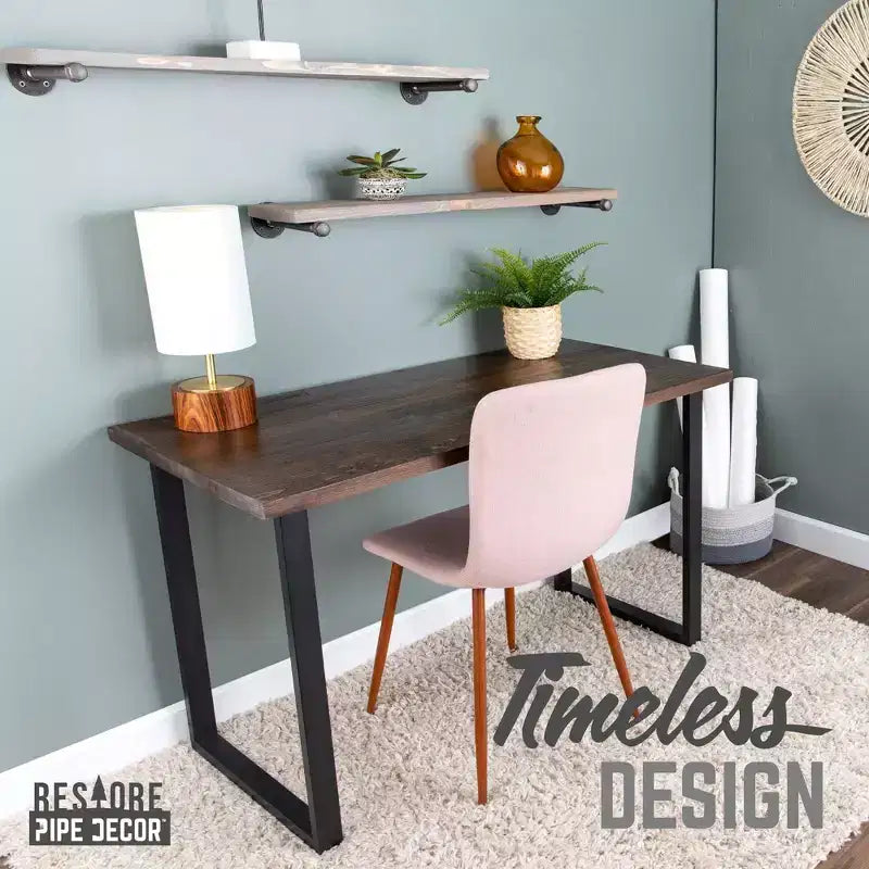 Bureau noir en bois massif avec pieds en tube de 71 cm, à l'horizontale