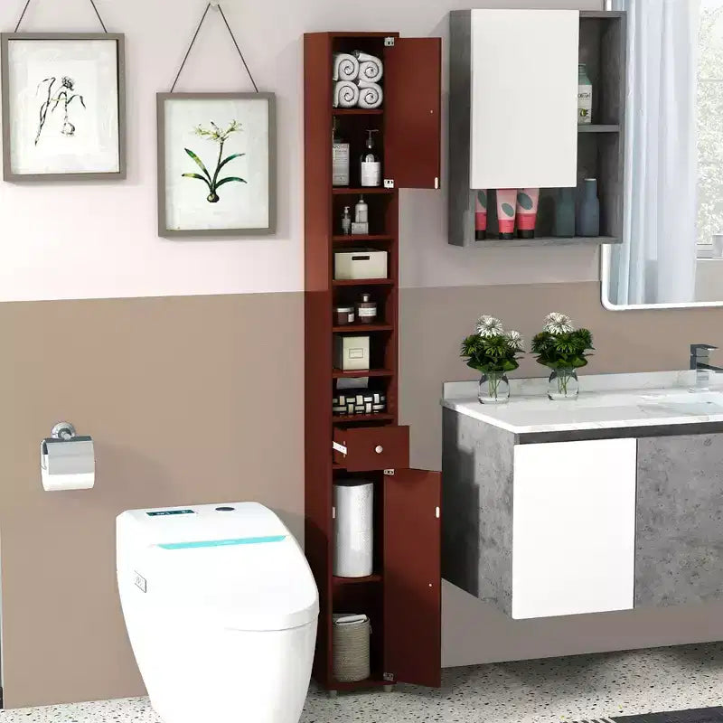 Meuble de Rangement Salle de Bain Haut et Fin avec Tiroir et Étagères Réglables
