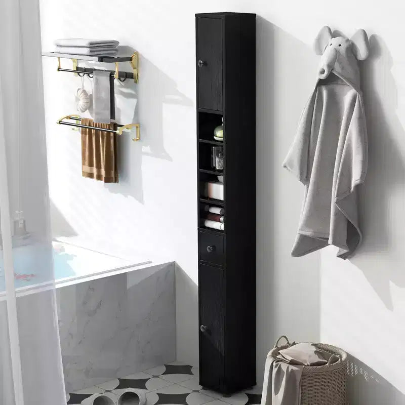 Meuble de Rangement Salle de Bain Haut et Fin avec Tiroir et Étagères Réglables