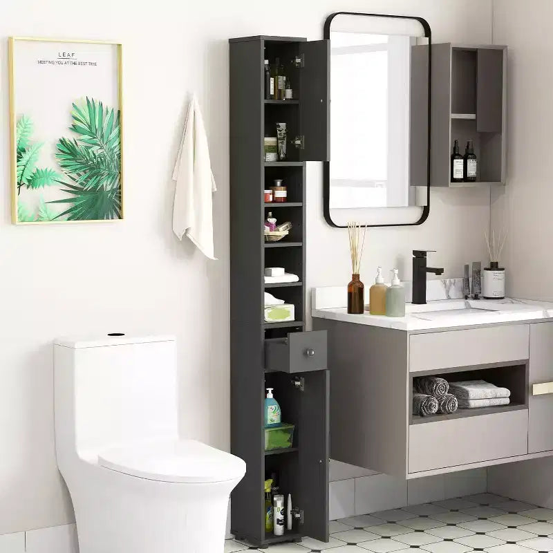 Meuble de Rangement Salle de Bain Haut et Fin avec Tiroir et Étagères Réglables