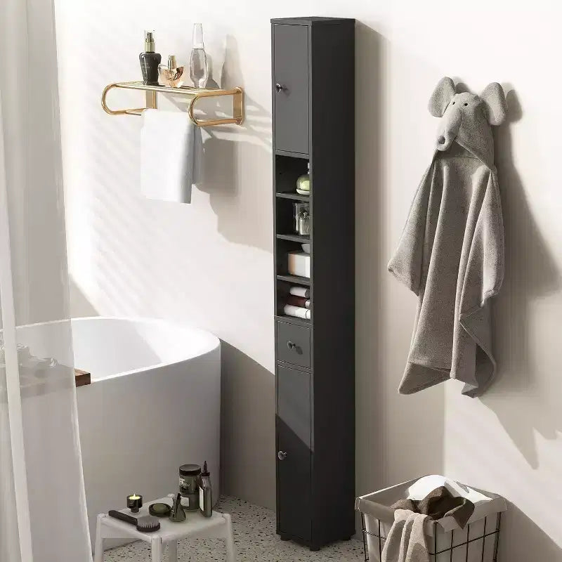 Meuble de Rangement Salle de Bain Haut et Fin avec Tiroir et Étagères Réglables