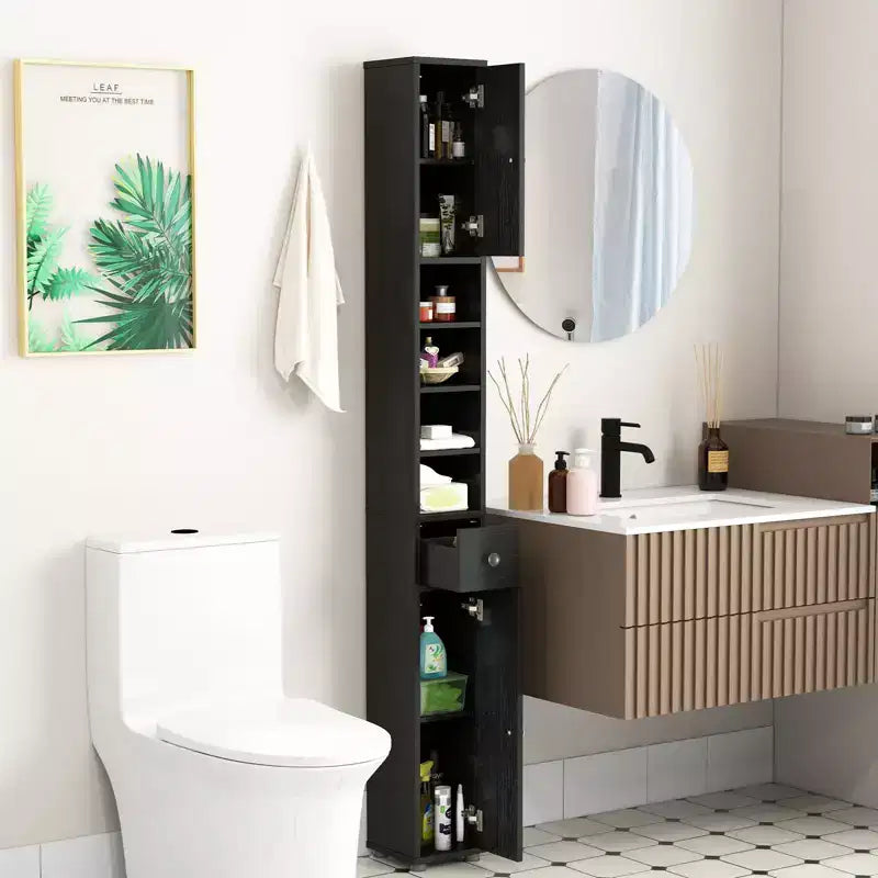 Meuble de Rangement Salle de Bain Haut et Fin avec Tiroir et Étagères Réglables