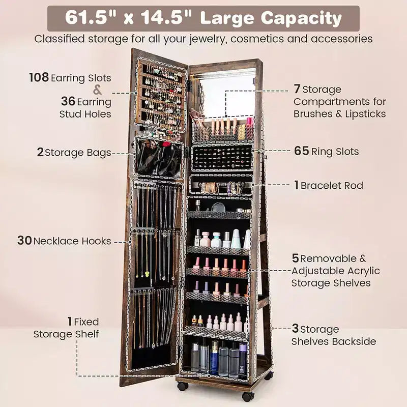 Armoire à bijoux de 64 pouces avec miroir et lumières LED