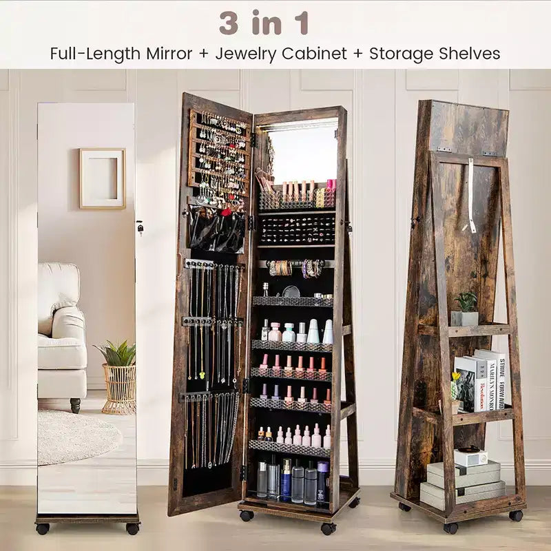 Armoire à bijoux de 64 pouces avec miroir et lumières LED