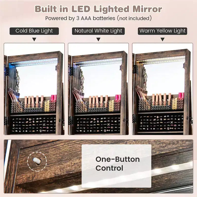 Armoire à bijoux de 64 pouces avec miroir et lumières LED