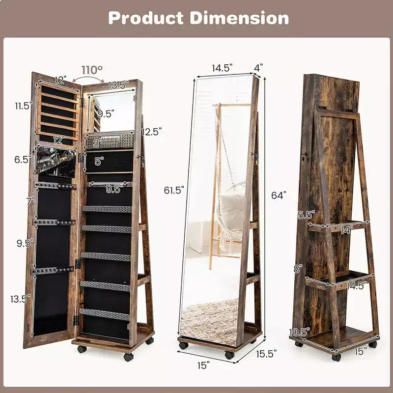 Armoire à bijoux de 64 pouces avec miroir et lumières LED