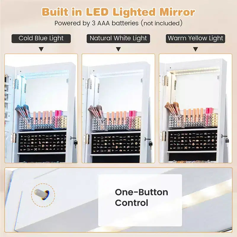 Armoire à bijoux de 64 pouces avec miroir et lumières LED