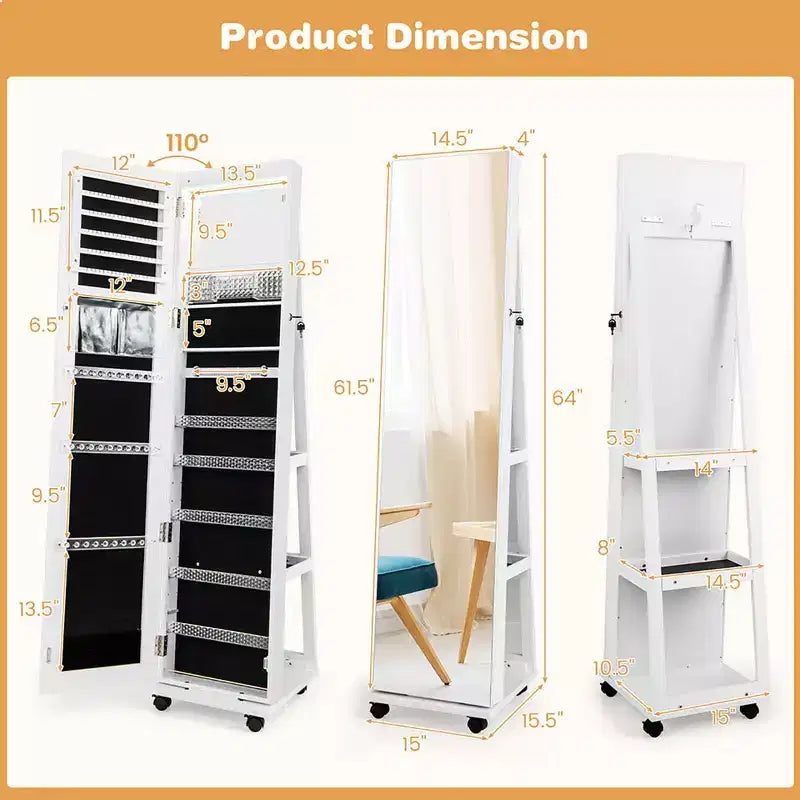 Armoire à bijoux de 64 pouces avec miroir et lumières LED