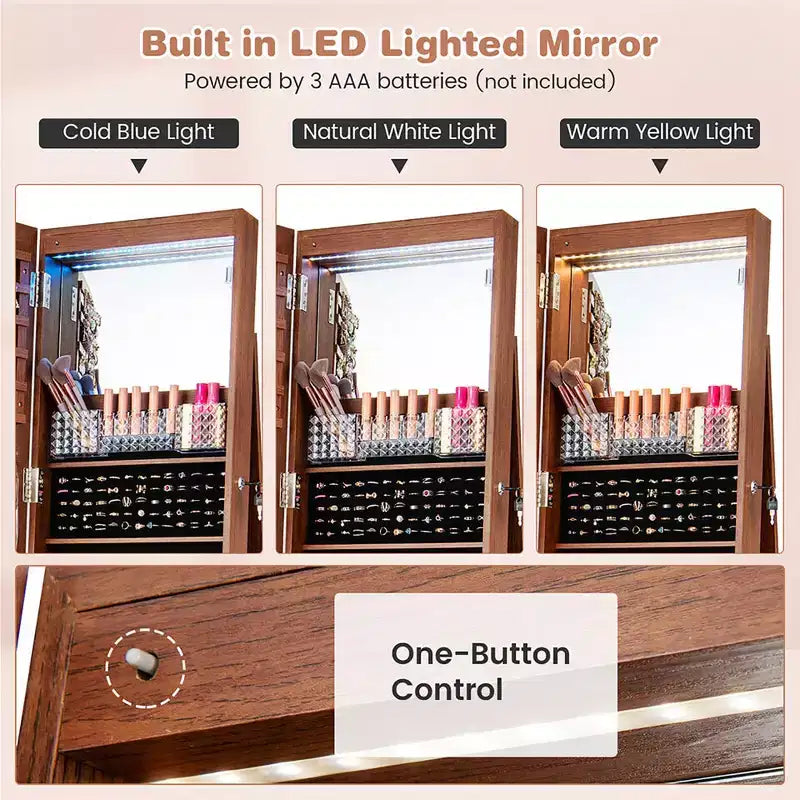 Armoire à bijoux de 64 pouces avec miroir et lumières LED