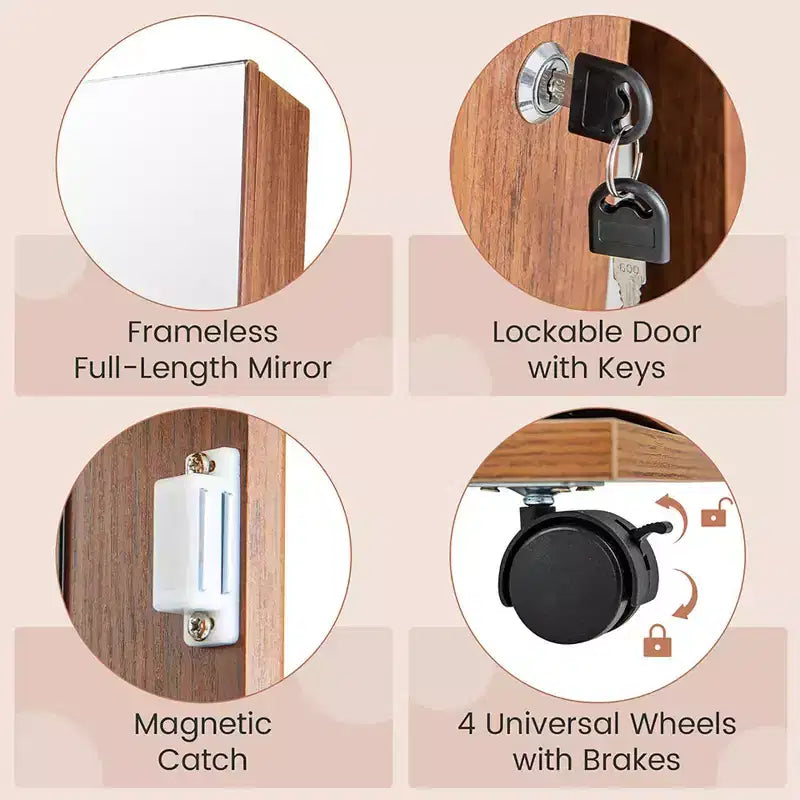 Armoire à bijoux de 64 pouces avec miroir et lumières LED