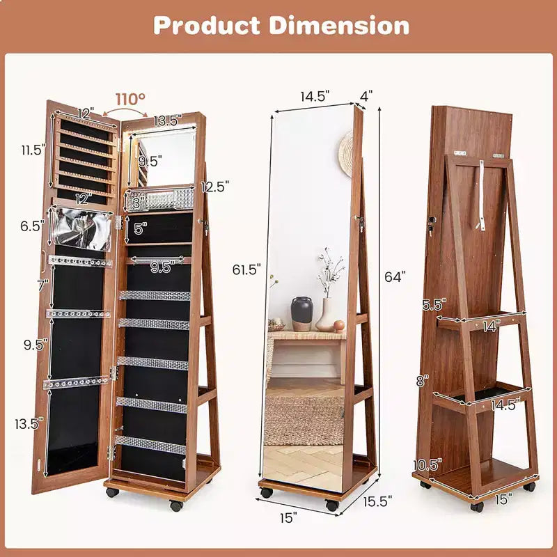 Armoire à bijoux de 64 pouces avec miroir et lumières LED
