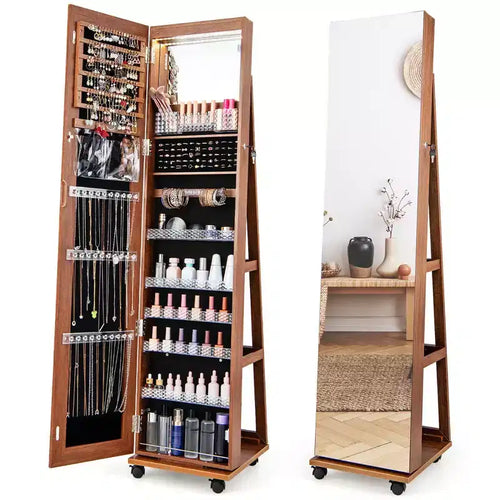 64 Jewelry Organizer Lockable Jewelry Cabinet Armoire w/ Mirror & LED Lights