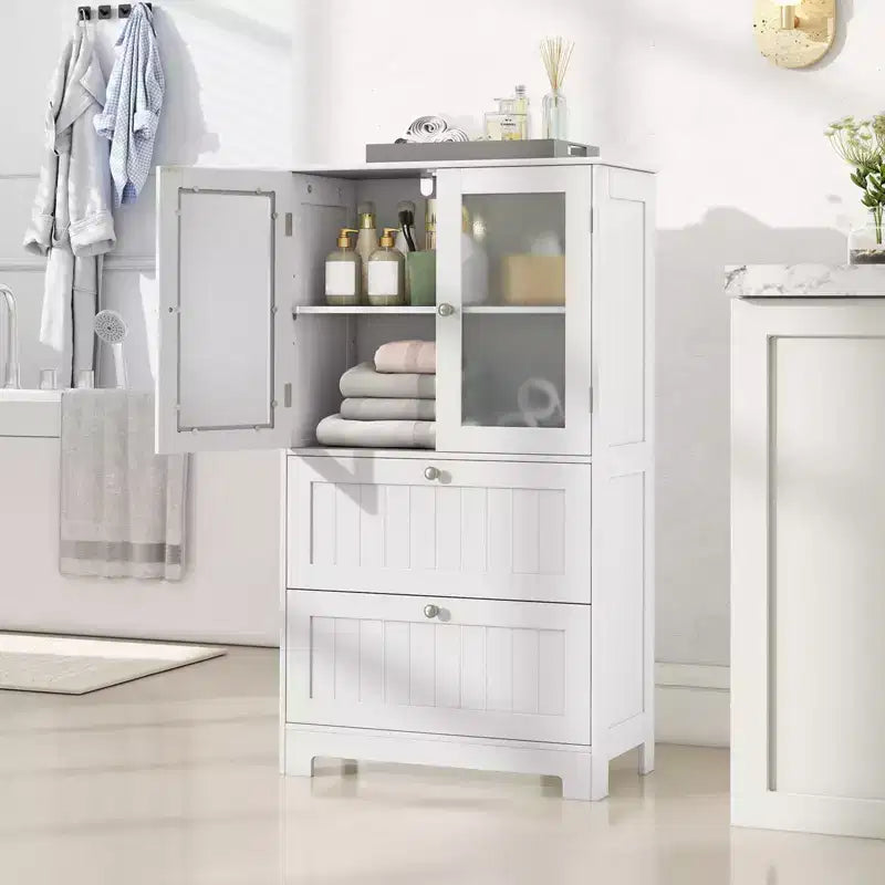Meuble de rangement de salle de bain sur pied avec 2 tiroirs et placard