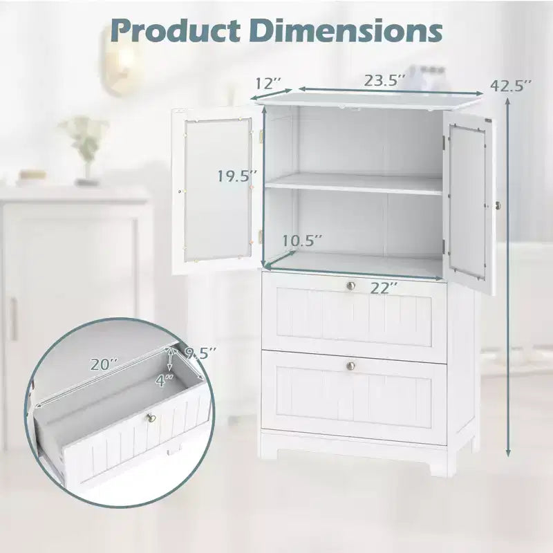Meuble de rangement de salle de bain sur pied avec 2 tiroirs et placard