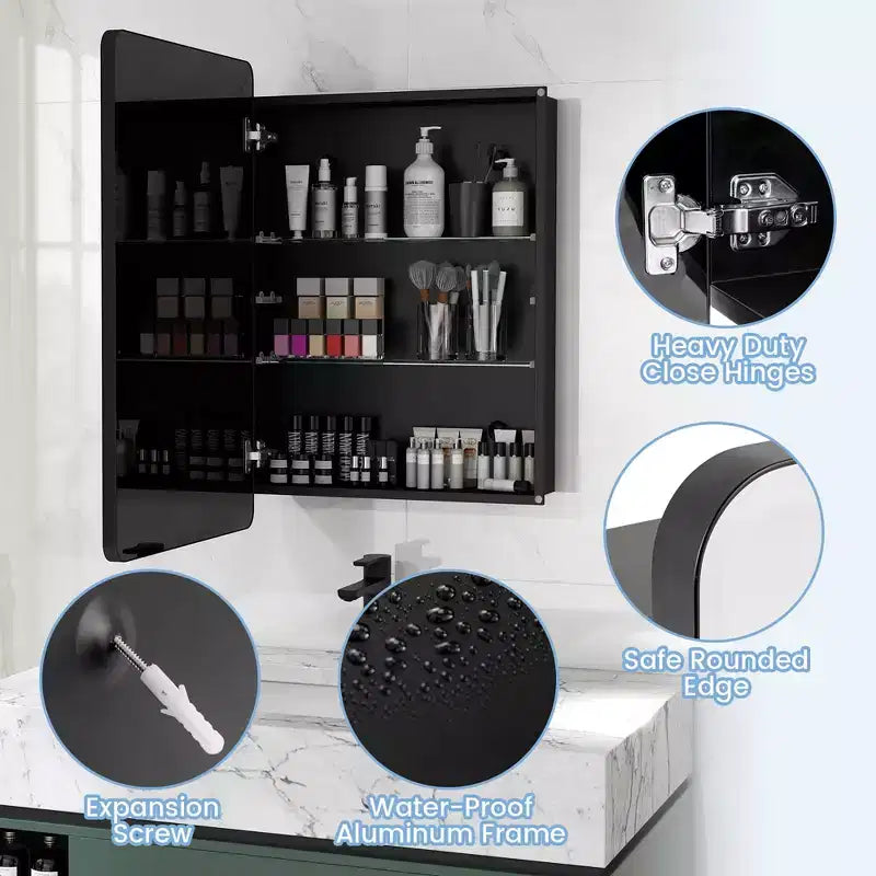 Armoire de toilette 50 x 75 cm avec cadre en aluminium et étagères réglables