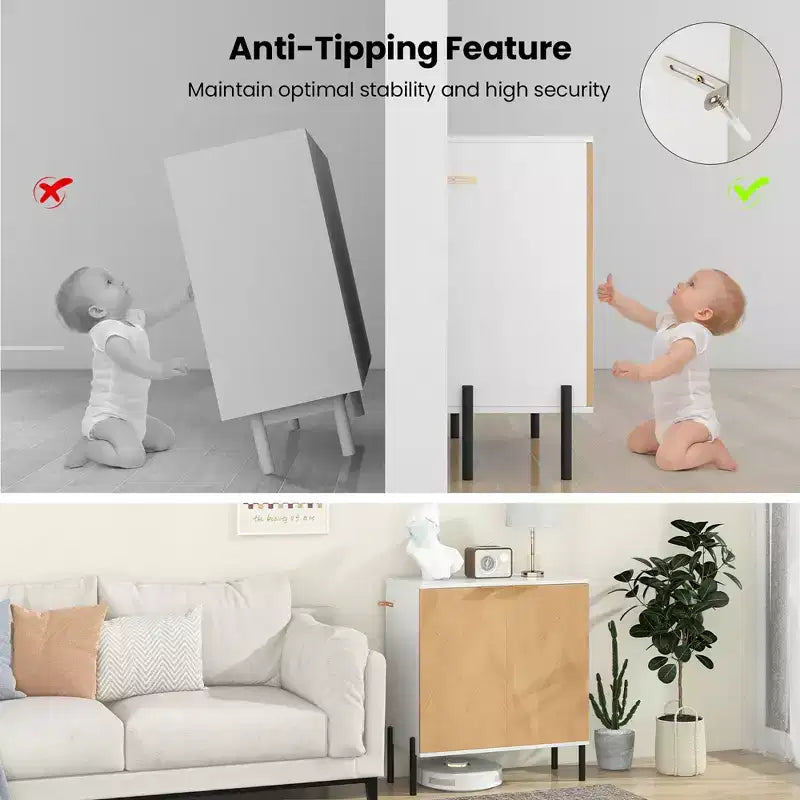 Buffet 2 portes avec étagère, pieds en métal et kit anti-basculement
