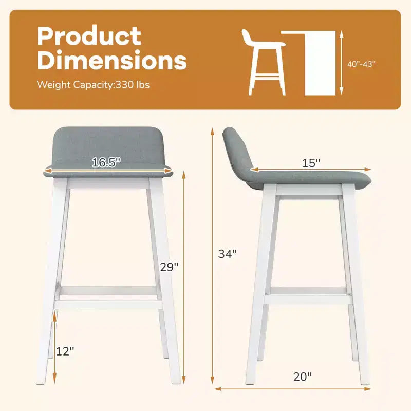 Tabourets de bar rembourrés de 74 cm avec dossier bas, repose-pieds et pieds en bois pour îlot de cuisine