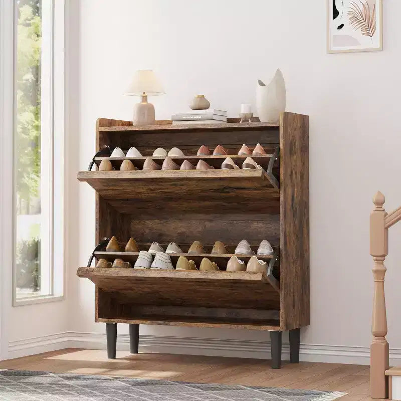 Meuble à chaussures 2 tiroirs en bois avec étagère réglable - Organisateur de rangement dissimulé pour entrée et couloir, solution peu encombrante pour le salon