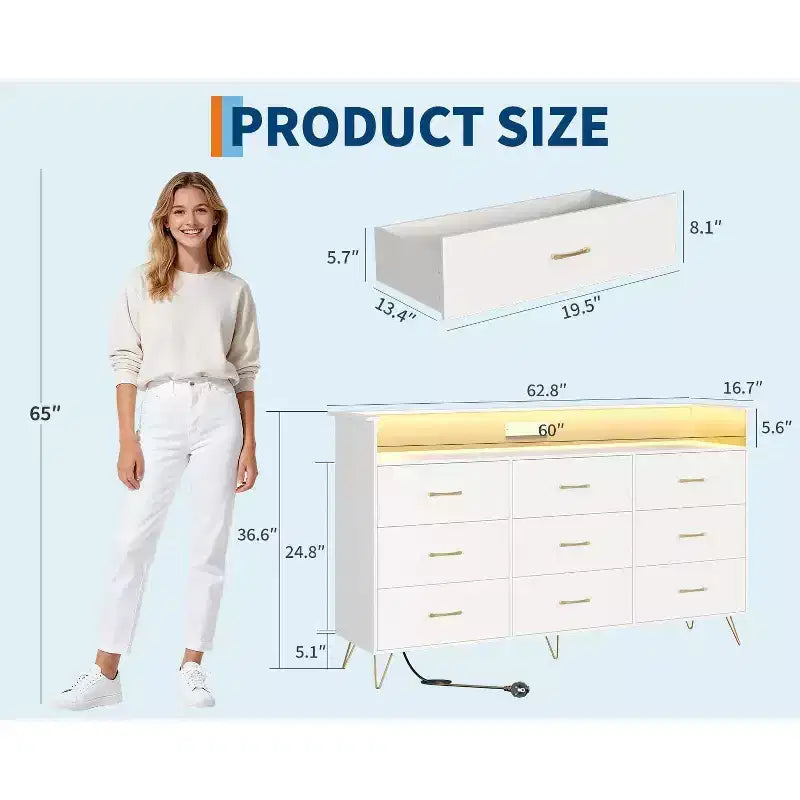 Commode haute à 9 tiroirs de 36,6x62,8x16,7 pouces, armoire de rangement moderne avec organisateur multifonctionnel pour usage multi-pièces, design élégant