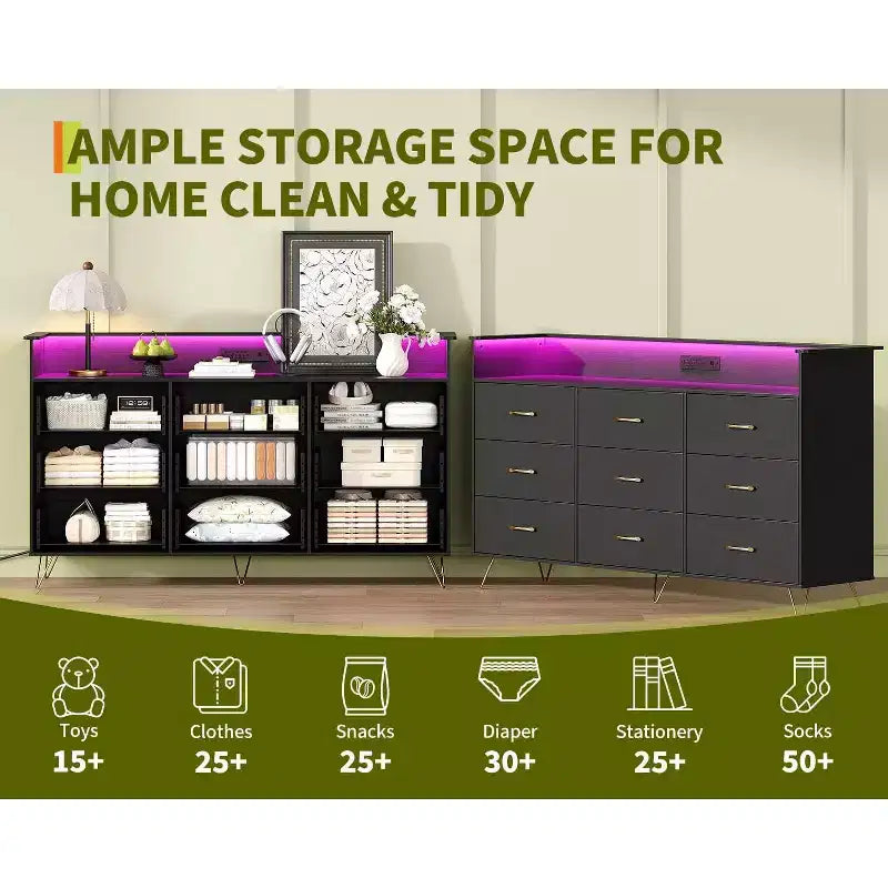 Commode haute à 9 tiroirs de 36,6x62,8x16,7 pouces, armoire de rangement moderne avec organisateur multifonctionnel pour usage multi-pièces, design élégant